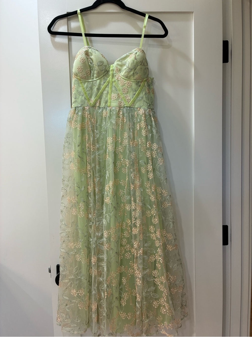Light Green Floral Embroidered Tulle Midi Dress